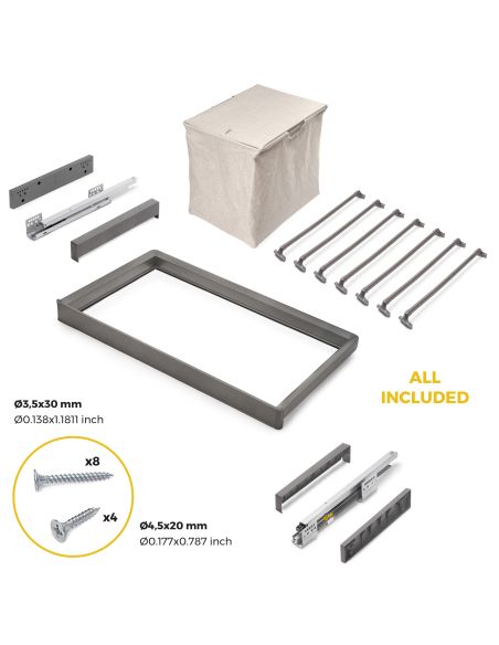 Emuca Kit  portapantaloni a 7 aste, cesto portabiancheria e telaio regolabile Quartz per armadi, chiusura ammortizzata