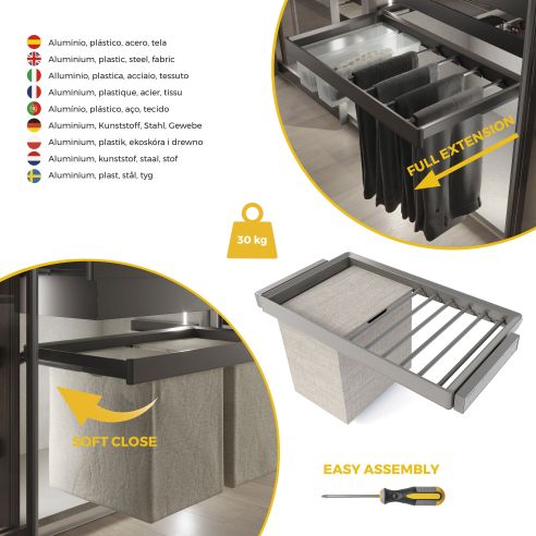 Emuca Kit  portapantaloni a 7 aste, cesto portabiancheria e telaio regolabile Quartz per armadi, chiusura ammortizzata
