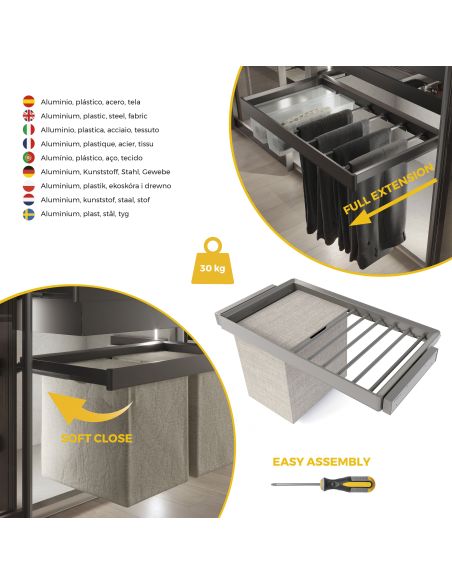Emuca Kit  portapantaloni a 7 aste, cesto portabiancheria e telaio regolabile Quartz per armadi, chiusura ammortizzata