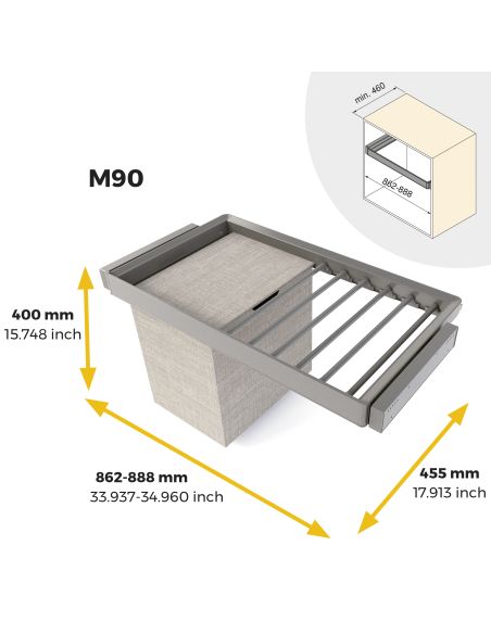 Emuca Kit  portapantaloni a 7 aste, cesto portabiancheria e telaio regolabile Quartz per armadi, chiusura ammortizzata