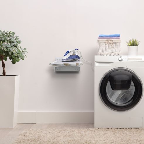 Emuca Tavola da stiro pieghevole a muro Iron Wall, girevole 180º, in acciaio e legno, Bianco