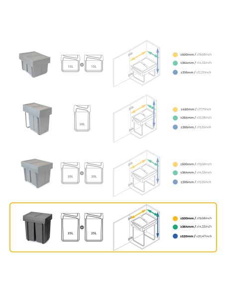 Emuca Contenitore per la raccolta differenziata Recycle da montare sul fondo e da estrarre manualmente in cucina Recycle 2x25lt