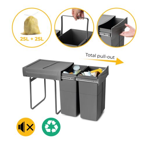Emuca Contenitore per la raccolta differenziata Recycle da montare sul fondo e da estrarre manualmente in cucina Recycle 2x25lt