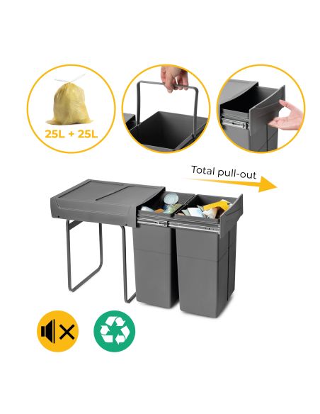 Emuca Contenitore per la raccolta differenziata Recycle da montare sul fondo e da estrarre manualmente in cucina Recycle 2x25lt