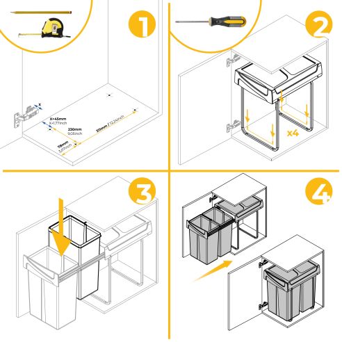 Emuca Contenitore per la raccolta differenziata Recycle da montare sul fondo e da estrarre manualmente in cucina Recycle 2x25lt