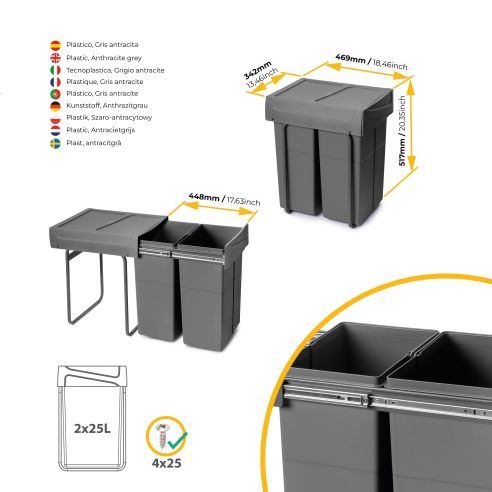 Emuca Contenitore per la raccolta differenziata Recycle da montare sul fondo e da estrarre manualmente in cucina Recycle 2x25lt