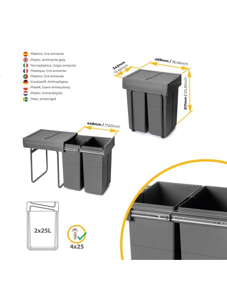 Emuca Contenitore per la raccolta differenziata Recycle da montare sul fondo e da estrarre manualmente in cucina Recycle 2x25lt