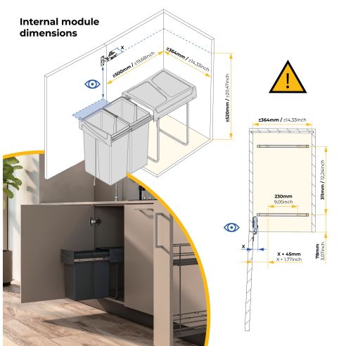 Emuca Contenitore per la raccolta differenziata Recycle da montare sul fondo e da estrarre manualmente in cucina Recycle 2x25lt