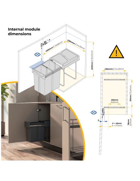 Emuca Contenitore per la raccolta differenziata Recycle da montare sul fondo e da estrarre manualmente in cucina Recycle 2x25lt
