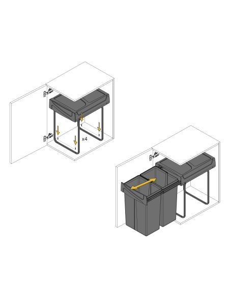 Emuca Contenitore per la raccolta differenziata Recycle da montare sul fondo e da estrarre manualmente in cucina Recycle 2x25lt