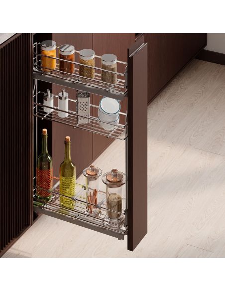 Emuca Portabottiglie estraibile SupraMax con chiusura soft, lato sinistro, 3 vassoi, unità 150 mm, Acciaio, Cromato lucido