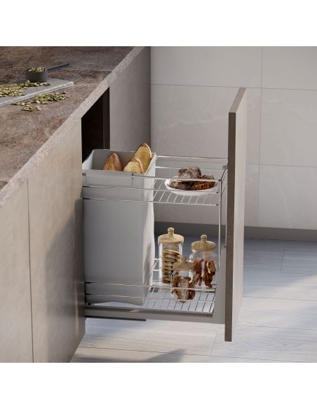 Emuca Carrello estraibile con cestelli e carrello del pane Supra con fissaggio inferiore con chiusura soft, Modulo 300, Acciaio