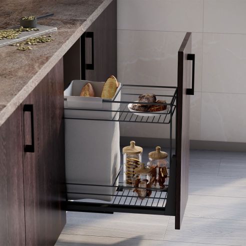 Emuca Carrello estraibile con cestelli e carrello del pane Titane con fissaggio inferiore con chiusura soft, modulo 300mm