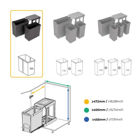 Emuca Pattumiere per raccolta differenziata per cucina, 1 x 30L, fissaggio inferiore, estrazione automatica, Acciaio e Plastica