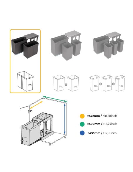 Emuca Pattumiere per raccolta differenziata per cucina, 1 x 30L, fissaggio inferiore, estrazione automatica, Acciaio e Plastica