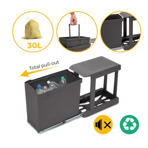 Emuca Pattumiere per raccolta differenziata per cucina, 1 x 30L, fissaggio inferiore, estrazione automatica, Acciaio e Plastica