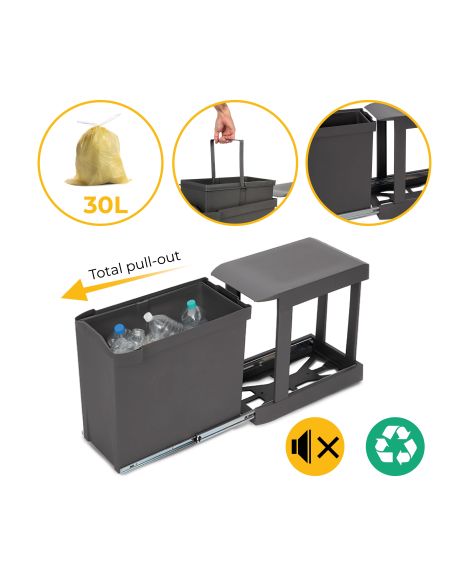 Emuca Pattumiere per raccolta differenziata per cucina, 1 x 30L, fissaggio inferiore, estrazione automatica, Acciaio e Plastica