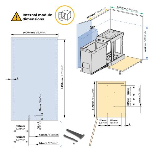 Emuca Pattumiere per raccolta differenziata per cucina, 1 x 30L, fissaggio inferiore, estrazione automatica, Acciaio e Plastica