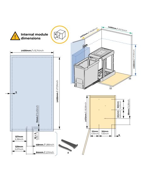 Emuca Pattumiere per raccolta differenziata per cucina, 1 x 30L, fissaggio inferiore, estrazione automatica, Acciaio e Plastica