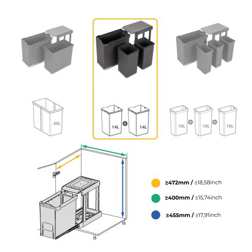 Emuca Pattumiere per raccolta differenziata per cucina, 2 x 14L, fissaggio inferiore, estrazione automatica, Acciaio e Plastica