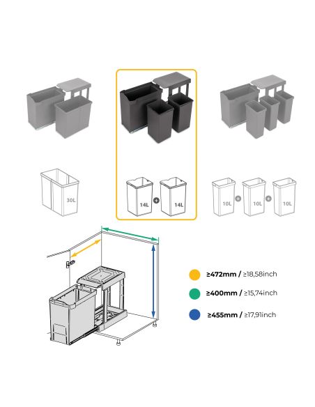 Emuca Pattumiere per raccolta differenziata per cucina, 2 x 14L, fissaggio inferiore, estrazione automatica, Acciaio e Plastica