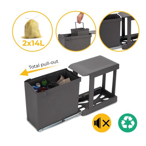 Emuca Pattumiere per raccolta differenziata per cucina, 2 x 14L, fissaggio inferiore, estrazione automatica, Acciaio e Plastica
