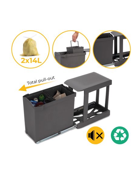 Emuca Pattumiere per raccolta differenziata per cucina, 2 x 14L, fissaggio inferiore, estrazione automatica, Acciaio e Plastica