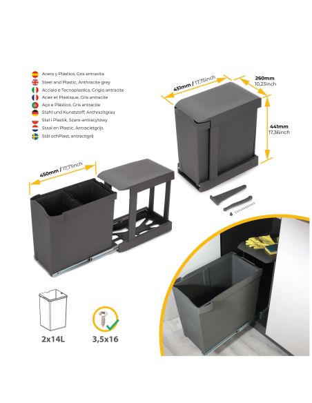 Emuca Pattumiere per raccolta differenziata per cucina, 2 x 14L, fissaggio inferiore, estrazione automatica, Acciaio e Plastica