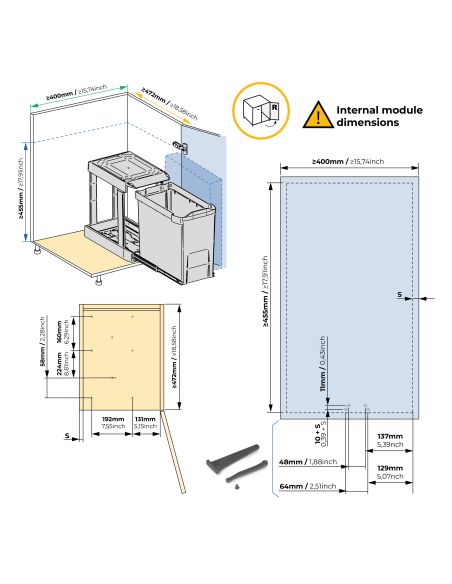 Emuca Pattumiere per raccolta differenziata per cucina, 2 x 14L, fissaggio inferiore, estrazione automatica, Acciaio e Plastica