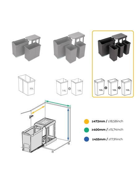 Emuca Pattumiere per raccolta differenziata per cucina, 3 x 10L, fissaggio inferiore, estrazione automatica, Acciaio e Plastica