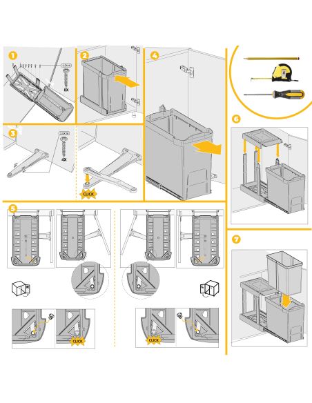 Emuca Pattumiere per raccolta differenziata per cucina, 3 x 10L, fissaggio inferiore, estrazione automatica, Acciaio e Plastica