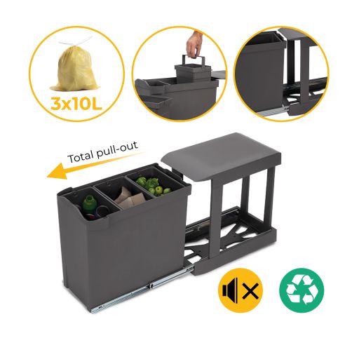 Emuca Pattumiere per raccolta differenziata per cucina, 3 x 10L, fissaggio inferiore, estrazione automatica, Acciaio e Plastica