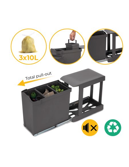 Emuca Pattumiere per raccolta differenziata per cucina, 3 x 10L, fissaggio inferiore, estrazione automatica, Acciaio e Plastica