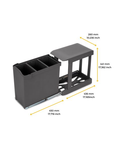 Emuca Pattumiere per raccolta differenziata per cucina, 3 x 10L, fissaggio inferiore, estrazione automatica, Acciaio e Plastica