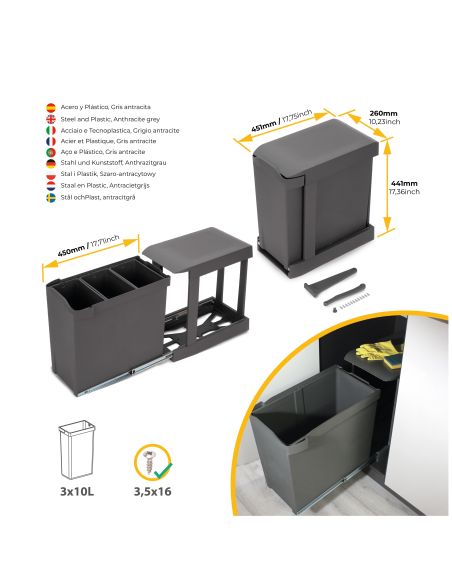 Emuca Pattumiere per raccolta differenziata per cucina, 3 x 10L, fissaggio inferiore, estrazione automatica, Acciaio e Plastica