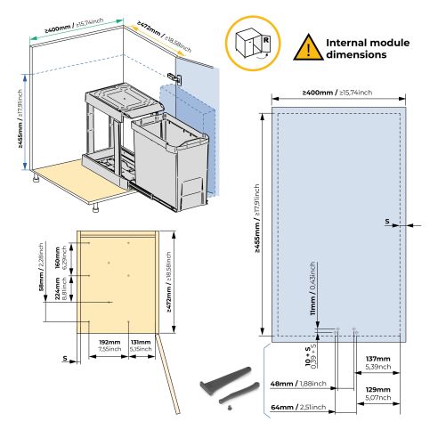 Emuca Pattumiere per raccolta differenziata per cucina, 3 x 10L, fissaggio inferiore, estrazione automatica, Acciaio e Plastica
