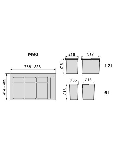 Emuca Contenitori per raccolta differenziata, 12 L+12 L+6 L+6 L, modulo 900 mm, Plastica, Grigio antracite, 4 u.+ Base