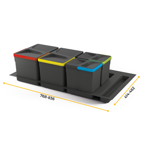 Emuca Contenitori per raccolta differenziata, 12 L+12 L+6 L+6 L, modulo 900 mm, Plastica, Grigio antracite, 4 u.+ Base