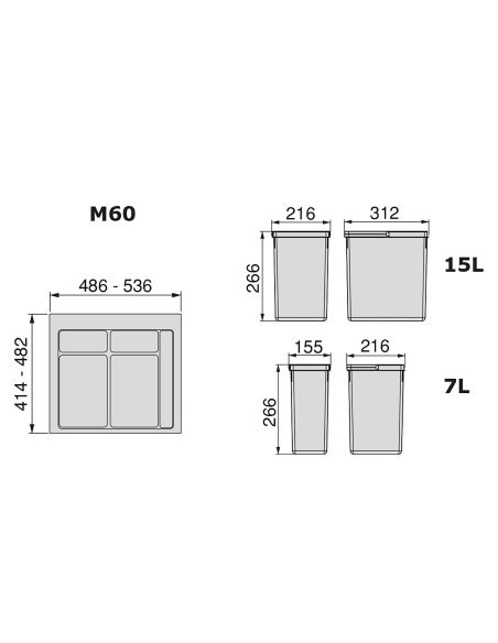 Emuca Contenitori per raccolta differenziata, 12 L + 7 L + 7 L, modulo 600 mm, Plastica, Grigio antracite, 3 u. + Base