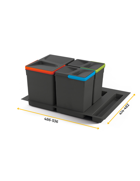 Emuca Contenitori per raccolta differenziata, 12 L + 7 L + 7 L, modulo 600 mm, Plastica, Grigio antracite, 3 u. + Base