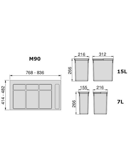 Emuca Contenitori per raccolta differenziata, 12 L+12 L+7 L+7 L, modulo 900 mm, Plastica, Grigio antracite, 4 u. + Base