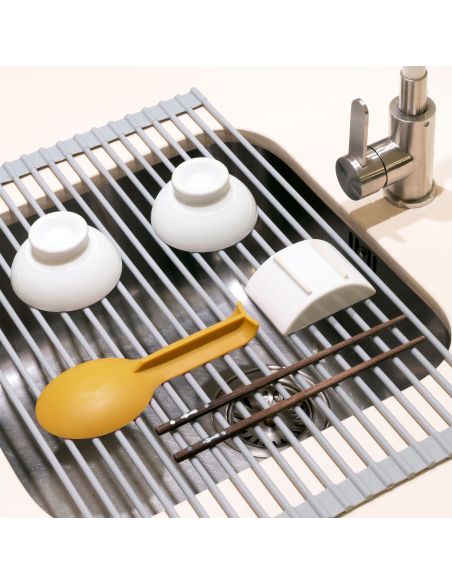 Emuca Scolapiatti in acciaio e silicone flessibile, Plastica grigia, Acciaio e Tecnoplastica