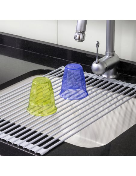 Emuca Scolapiatti in acciaio e silicone flessibile, Plastica grigia, Acciaio e Tecnoplastica