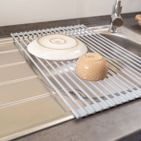 Emuca Scolapiatti in acciaio e silicone flessibile, Plastica grigia, Acciaio e Tecnoplastica