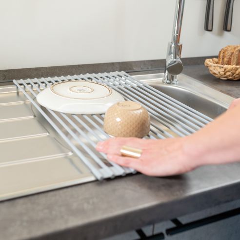 Emuca Scolapiatti in acciaio e silicone flessibile, Plastica grigia, Acciaio e Tecnoplastica