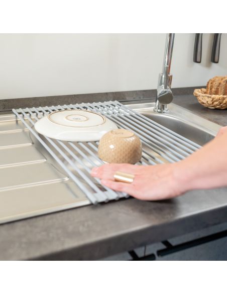 Emuca Scolapiatti in acciaio e silicone flessibile, Plastica grigia, Acciaio e Tecnoplastica