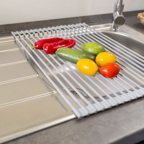 Emuca Scolapiatti in acciaio e silicone flessibile, Plastica grigia, Acciaio e Tecnoplastica