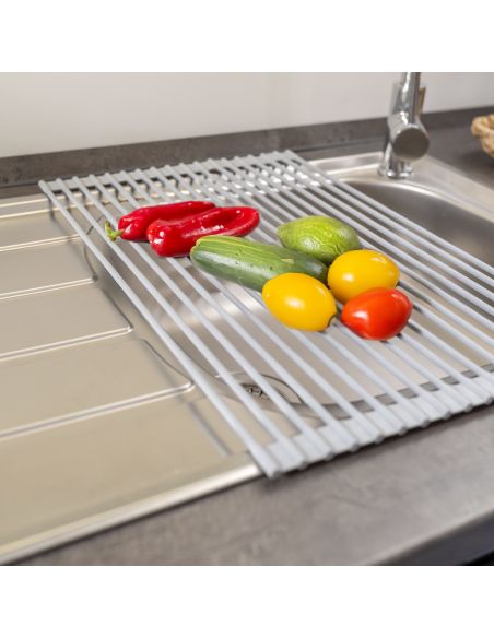 Emuca Scolapiatti in acciaio e silicone flessibile, Plastica grigia, Acciaio e Tecnoplastica