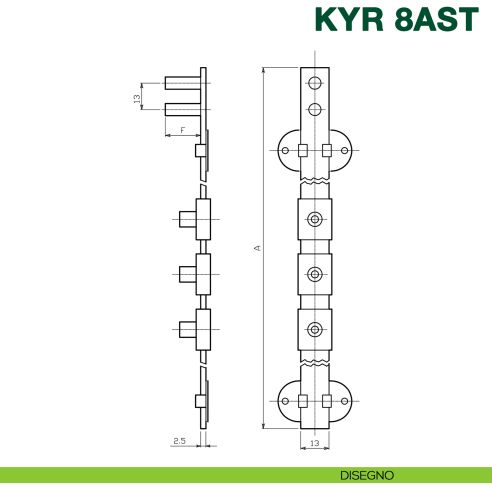 Asta per serratura cassettiera multipla KYR Securital 1000 mm acciaio zincato KYR 8AST - disegno