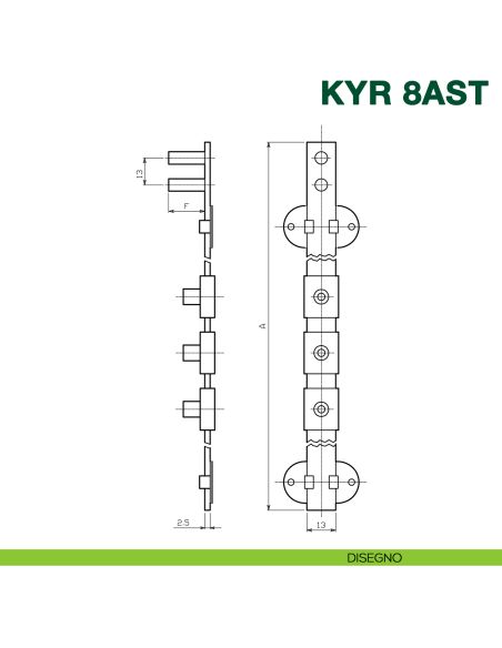 Asta per serratura cassettiera multipla KYR Securital 1000 mm acciaio zincato KYR 8AST - disegno
